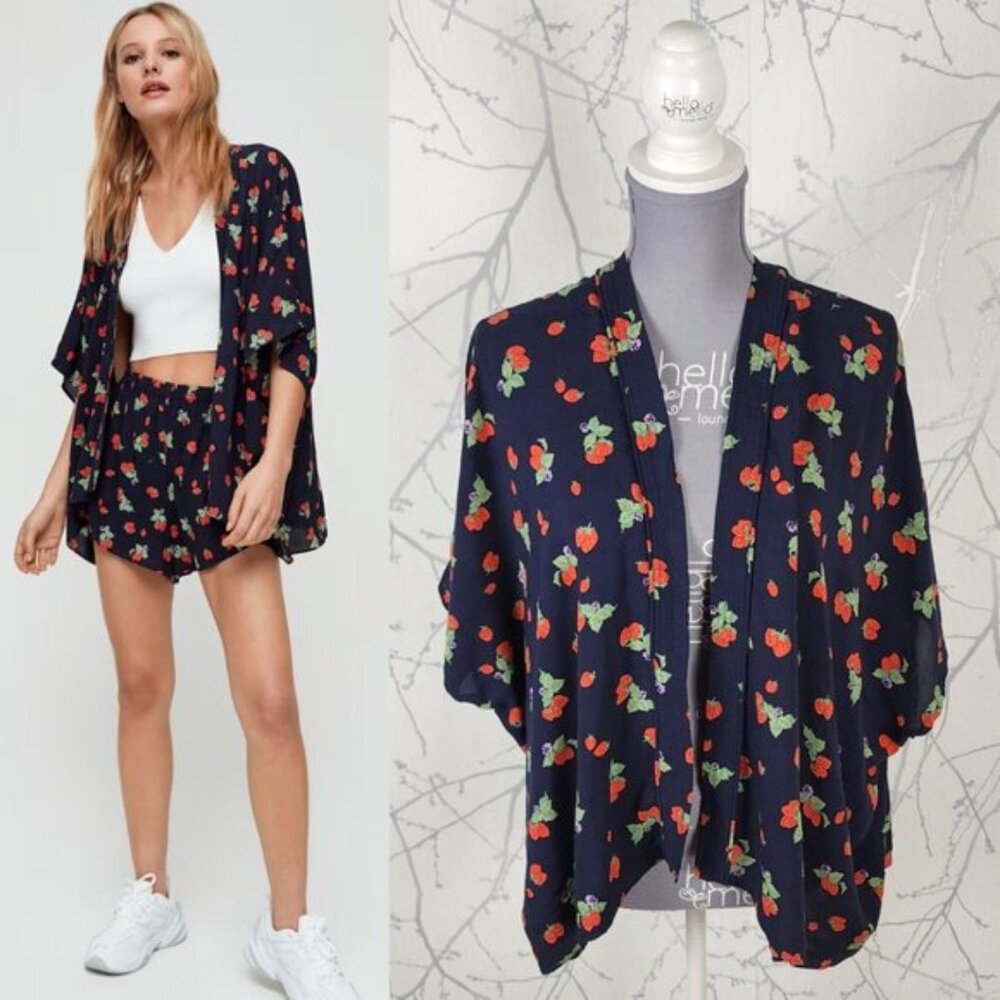 Aritzia Navy Floral Kimono Cardigan with Red and Green Print